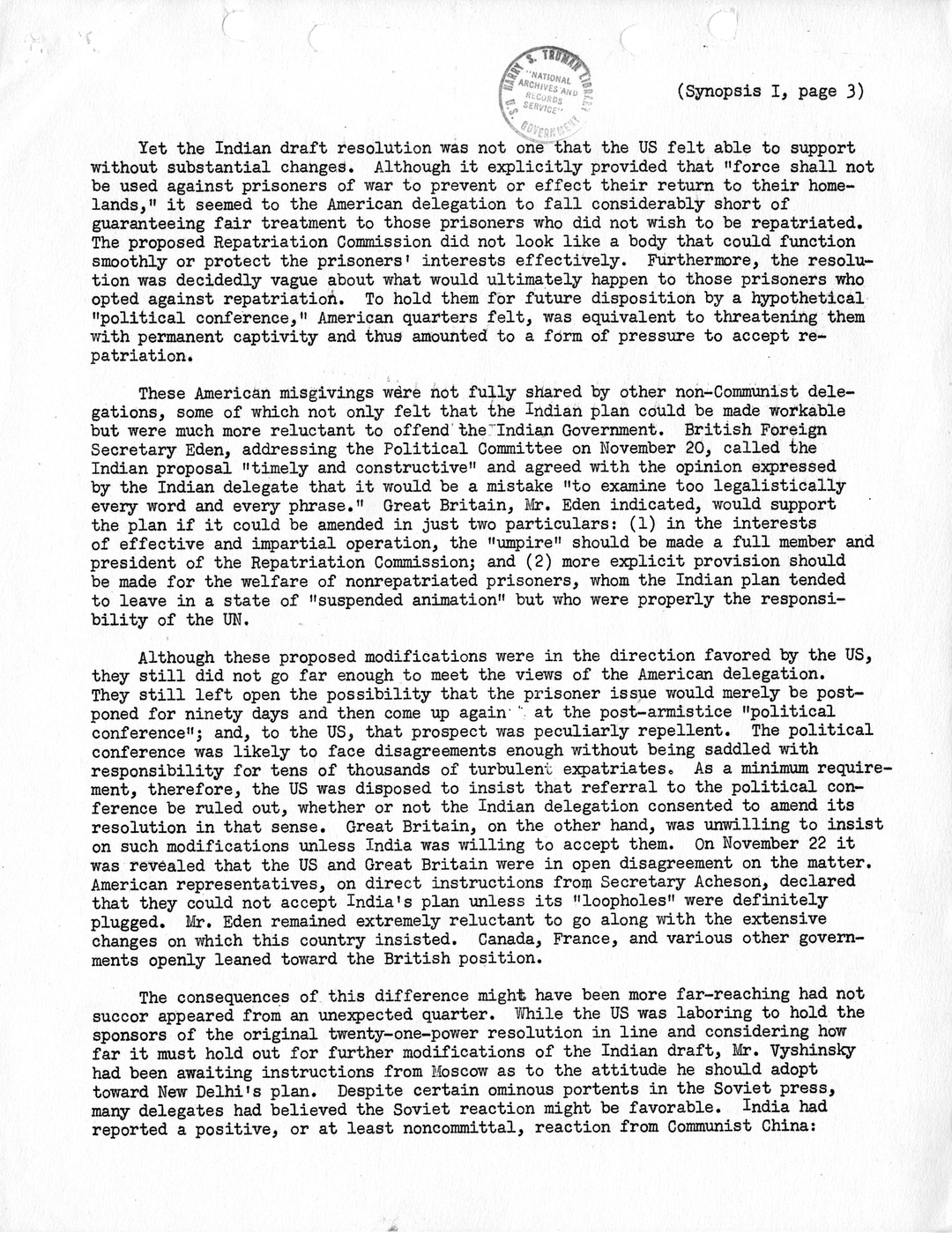 Synopsis I, Korea - The Final United Nations Debates, October-December, 1952