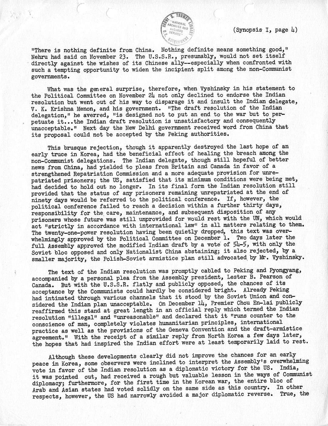 Synopsis I, Korea - The Final United Nations Debates, October-December, 1952