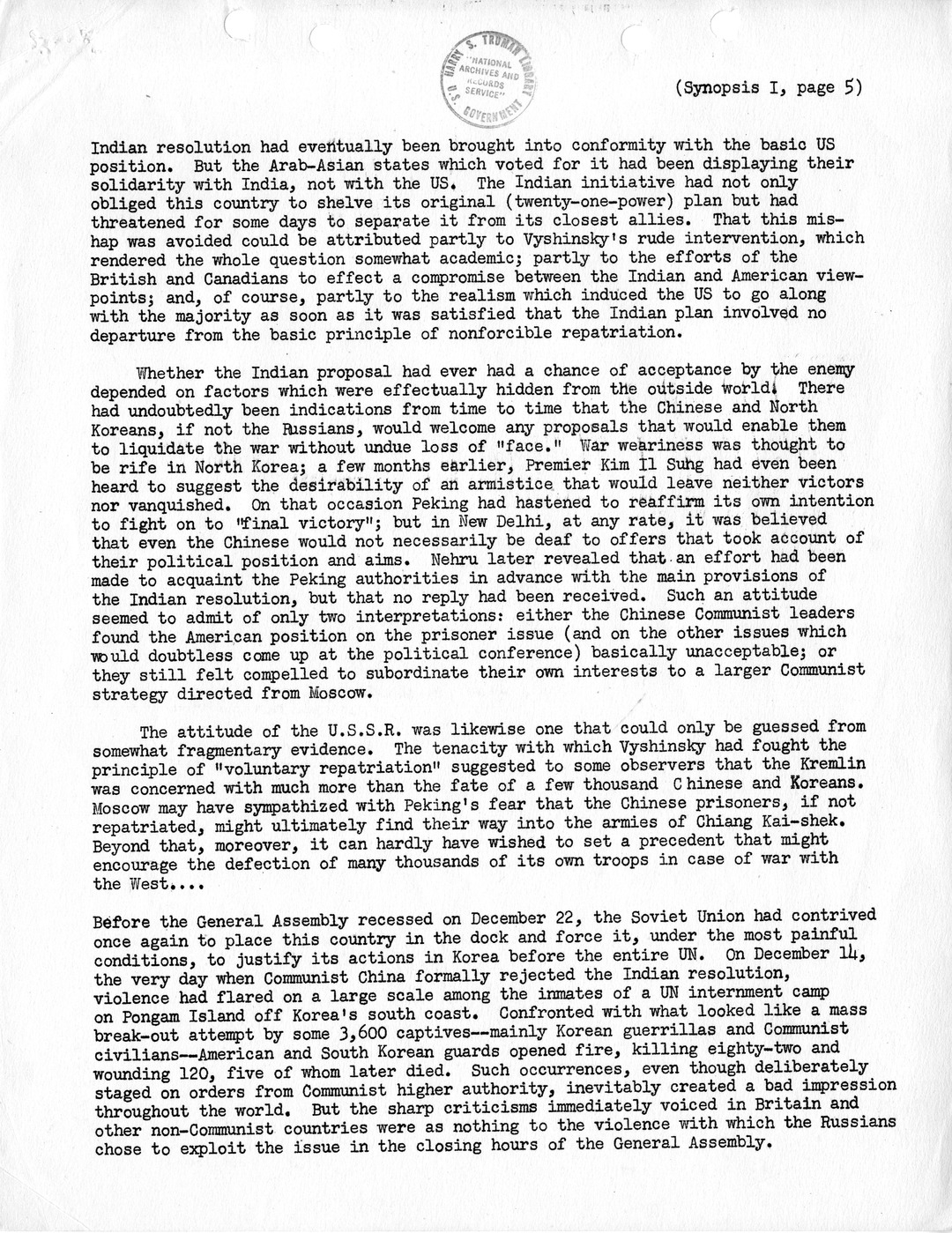 Synopsis I, Korea - The Final United Nations Debates, October-December, 1952