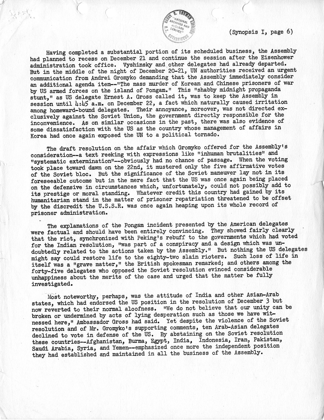 Synopsis I, Korea - The Final United Nations Debates, October-December, 1952