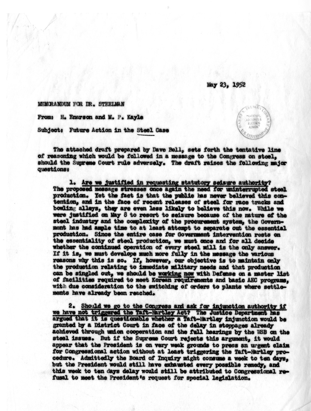 Memorandum from Harold Enarson and Milton P. Kayle to John Steelman