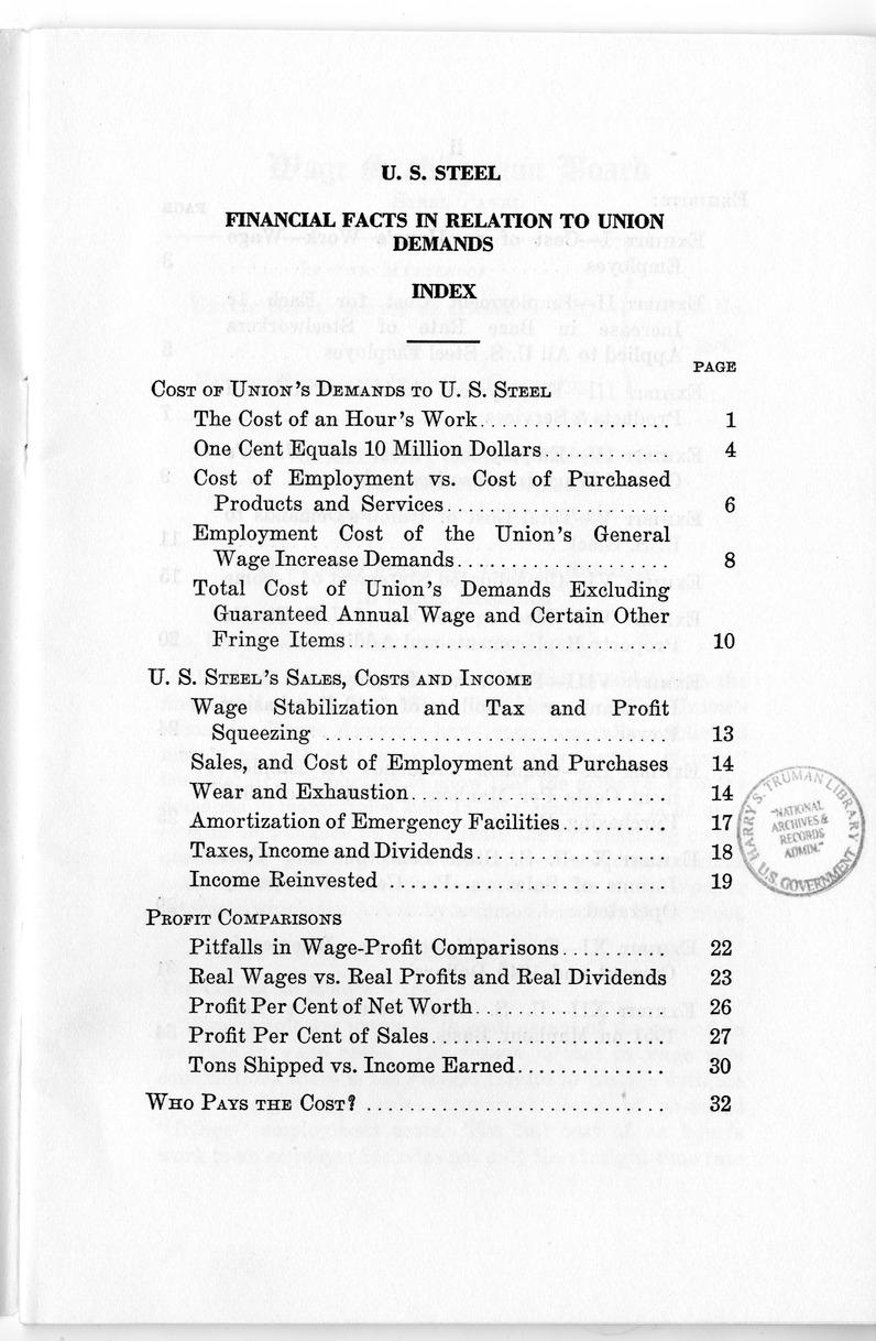 Wage Stabilization Board, Steel Panel, Case Number D-18-C, Statement of R. C. Tyson, Vice President and Comptroller, United States Steel Corporation