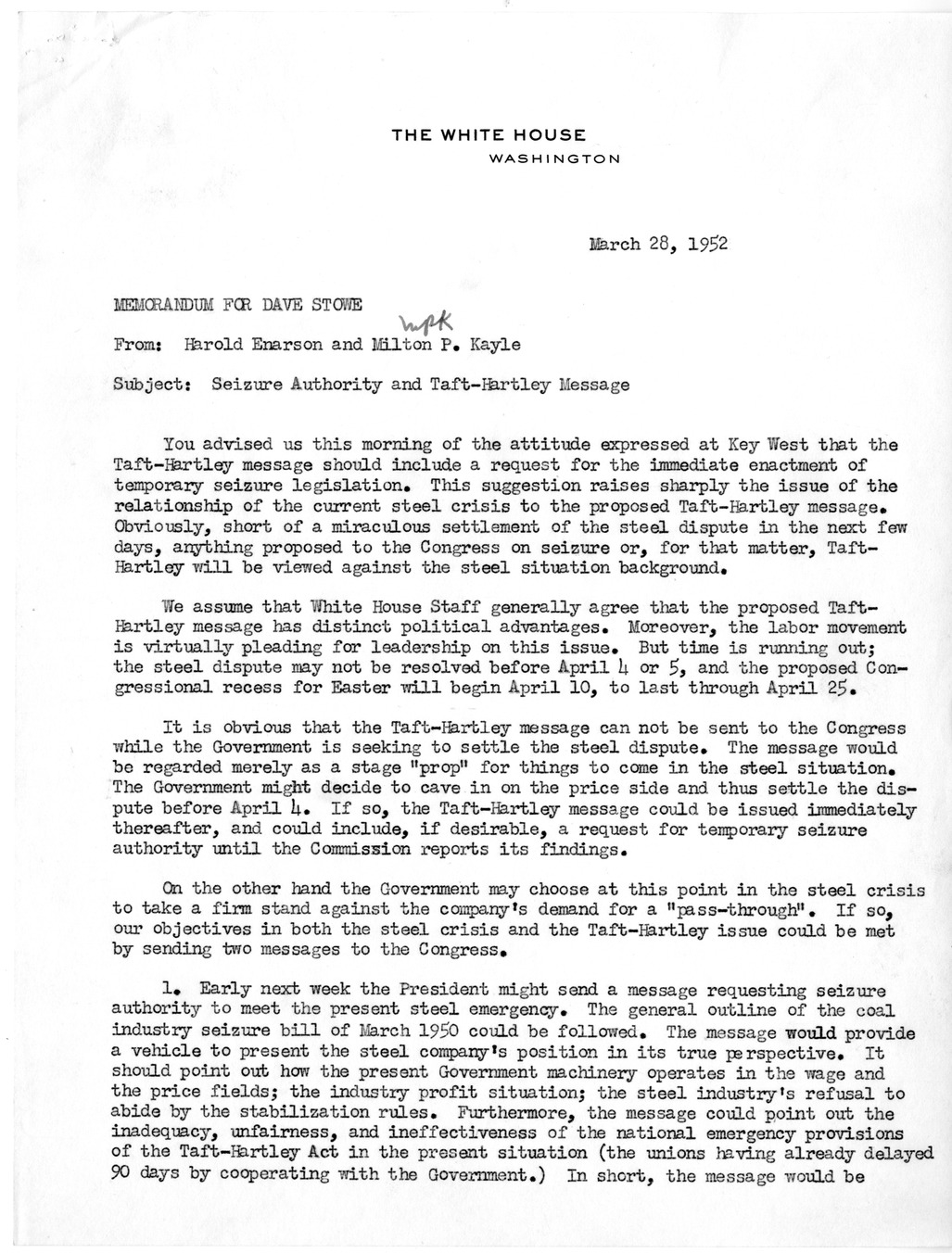 Memorandum from Harold L. Enarson and Milton P. Kayle to David Stowe