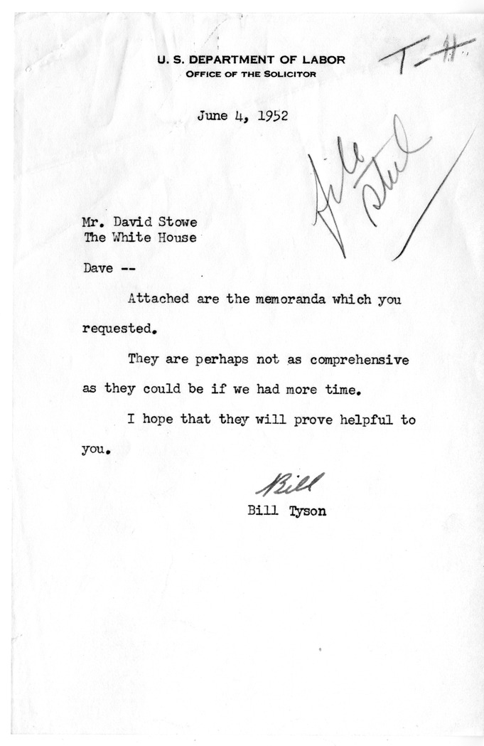 Memorandum from Bill Tyson to David Stowe with Attachment