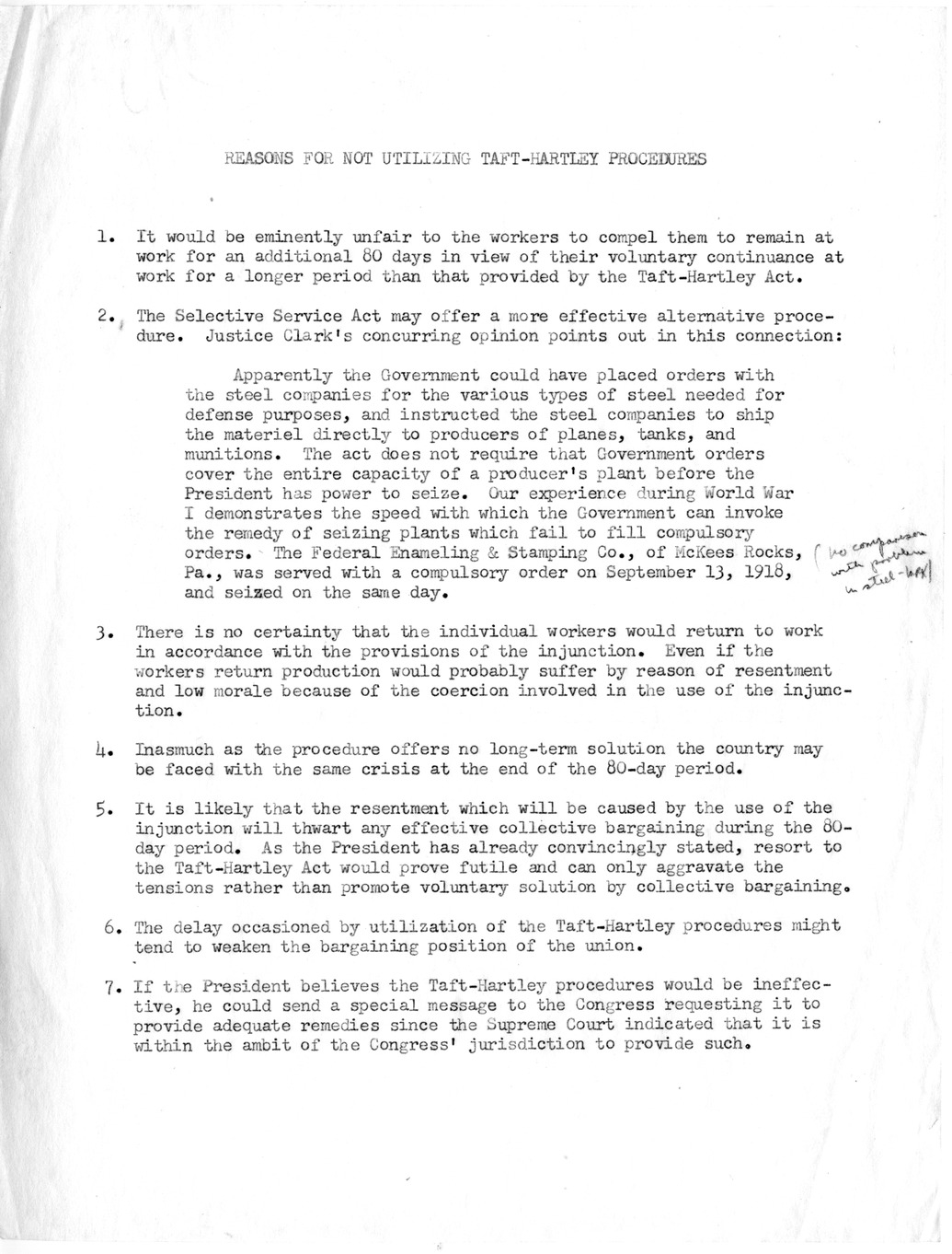 Memorandum, Reasons for Not Utilizing Taft-Hartley Procedures