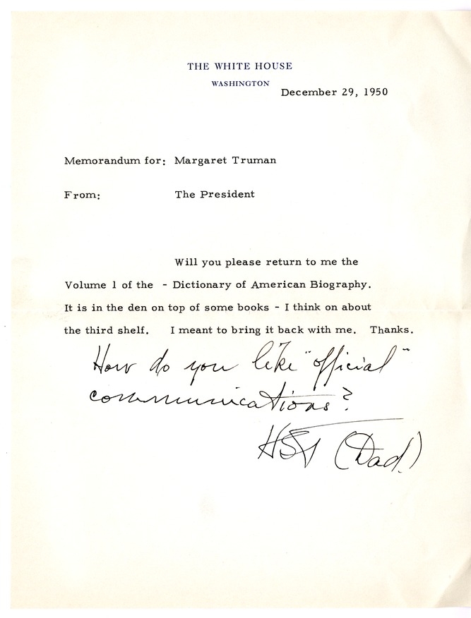 Note from Harry S. Truman to Margaret Truman