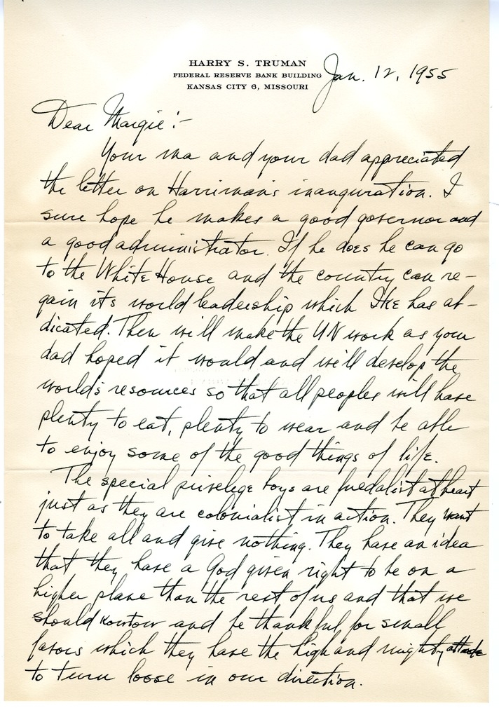 Letter from Harry S. Truman to Margaret Truman