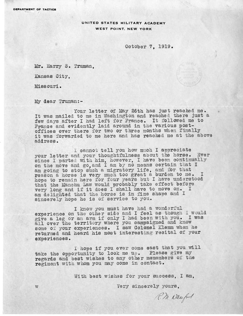 Letter from Robert M. Danford to Harry S. Truman