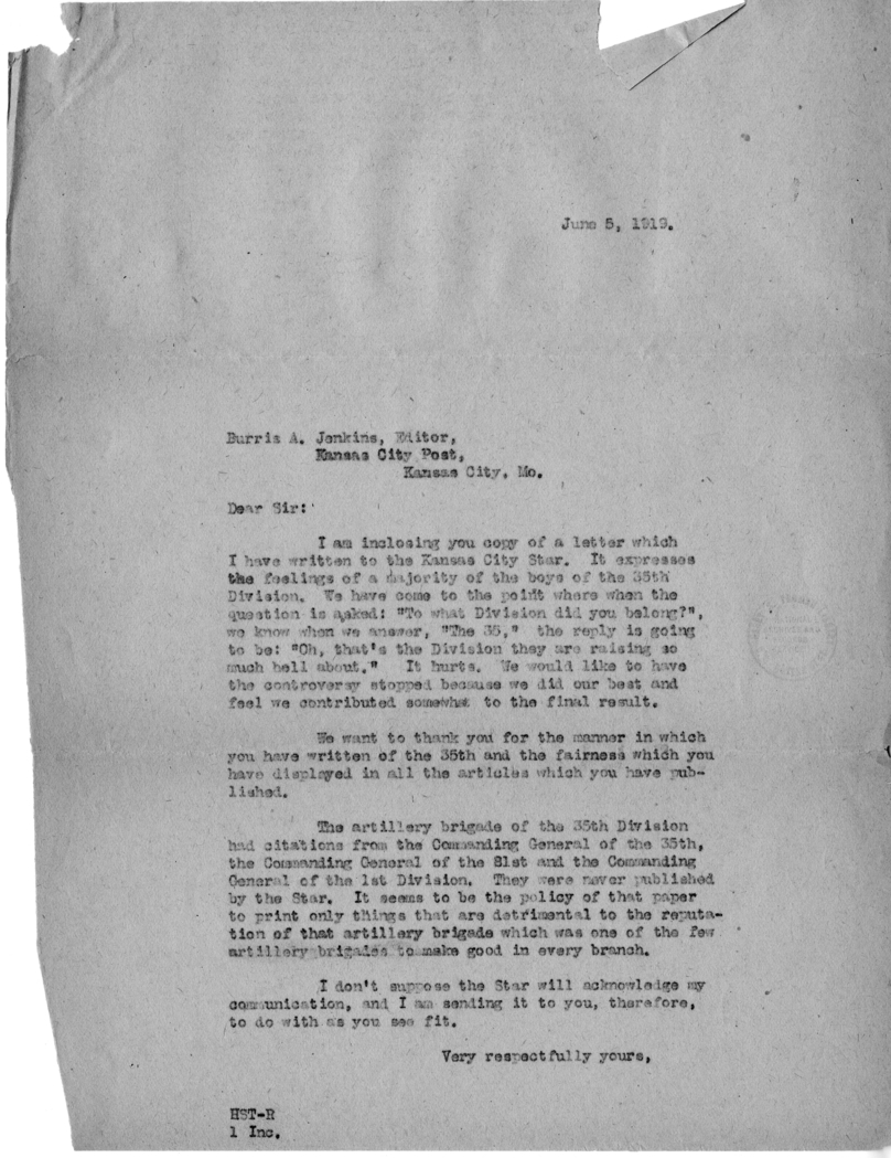 Letter from Harry S. Truman to Burris A. Jankins, Editor at the Kansas City Post