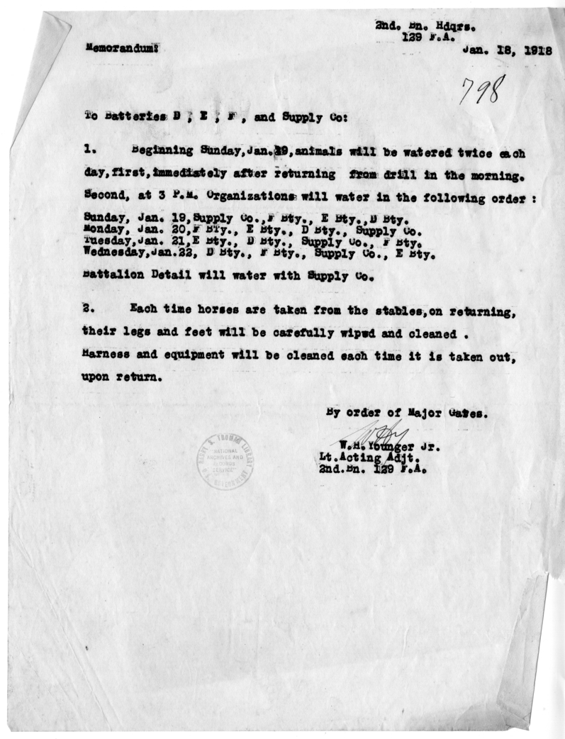 Memorandum from Lieutenant W. M. Younger, Jr. to Batteries D, E, F, and Supply Company