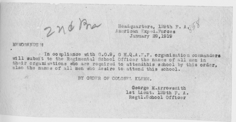 Memorandum from First Lieutenant George M. Arrowsmith