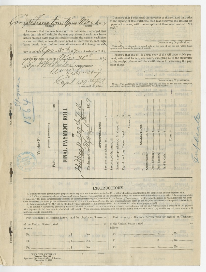 Final Payment Roll, Battery D, 129th Field Artillery | Harry S. Truman