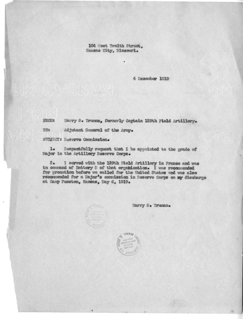 Memorandum from Harry S. Truman to the Adjutant General Of the Army