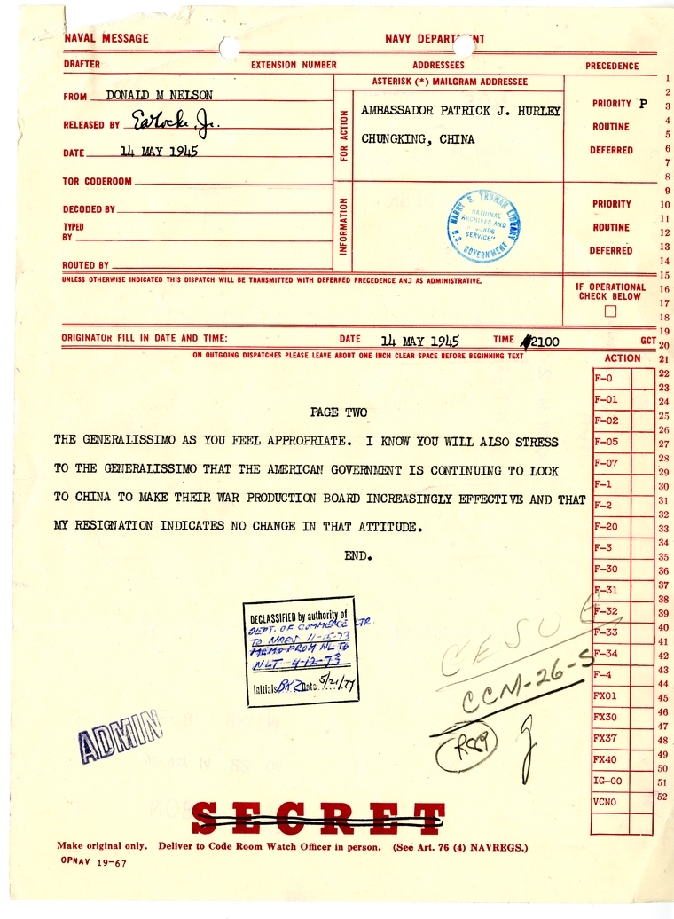 Telegram from Donald T. Nelson to Ambassador Patrick J. Hurley