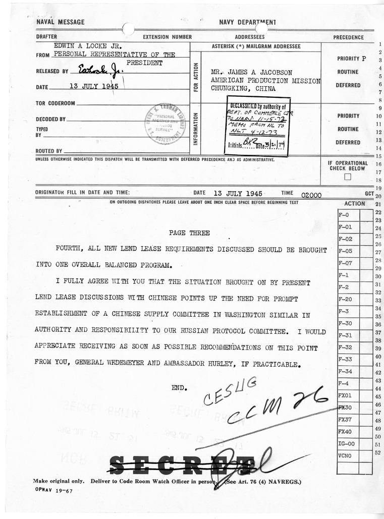 Telegram from Edwin A. Locke, Jr. to James A. Jacobson