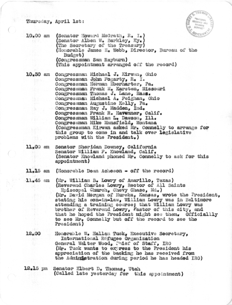 Daily Appointment Sheet for President Harry S. Truman