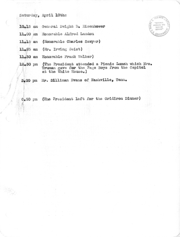 Daily Appointment Sheet for President Harry S. Truman