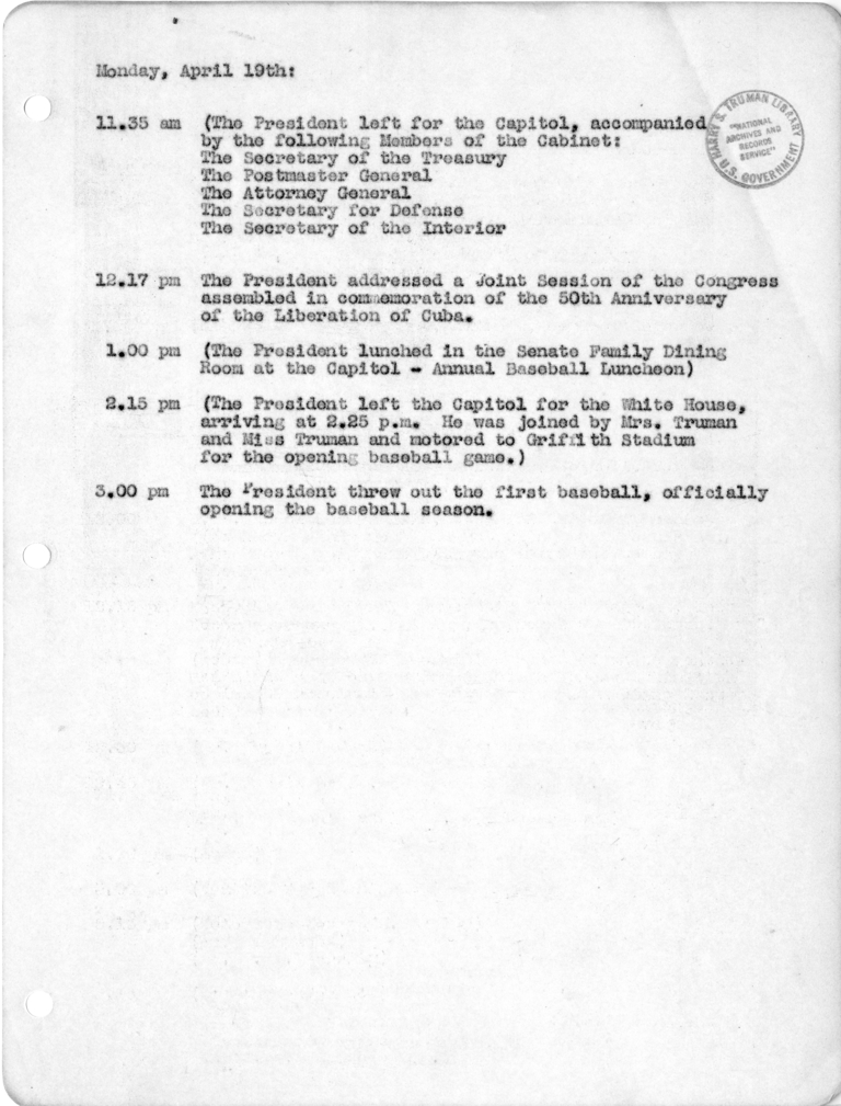 Daily Appointment Sheet for President Harry S. Truman