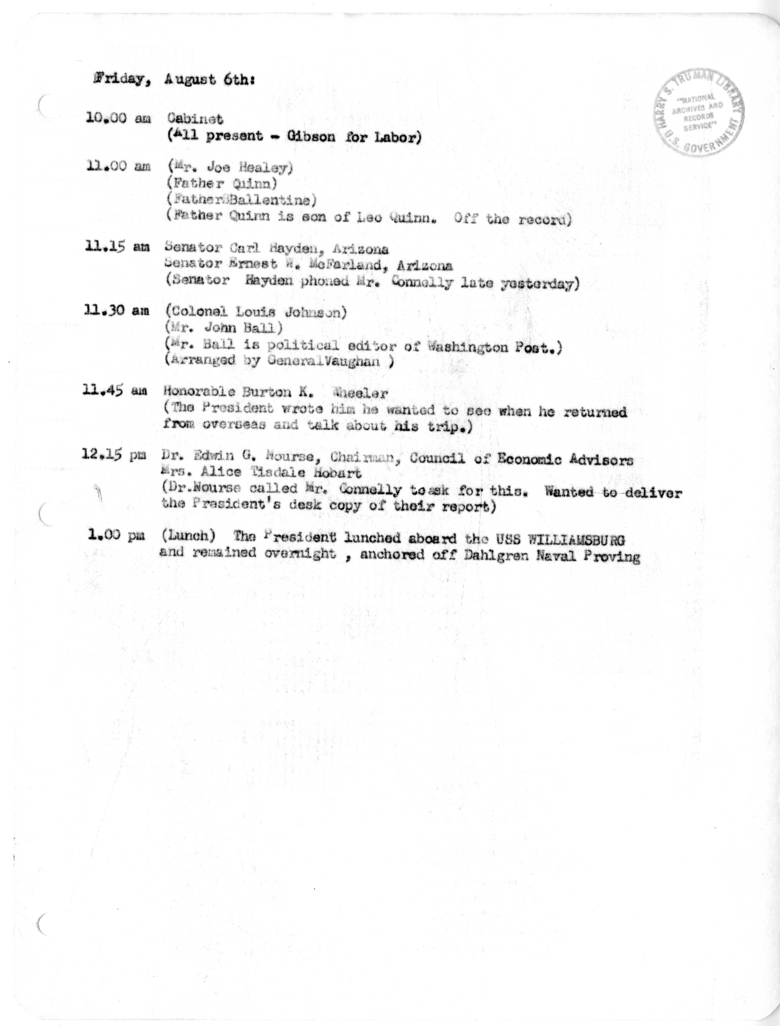 Daily Appointment Sheet for President Harry S. Truman