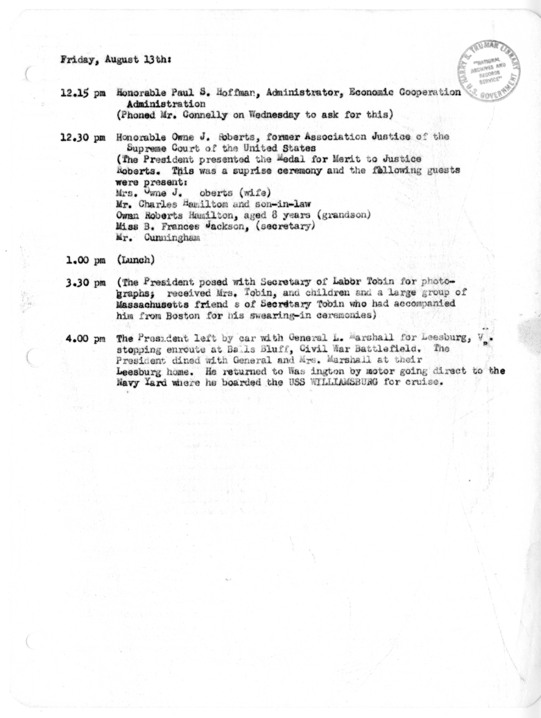 Daily Appointment Sheet for President Harry S. Truman