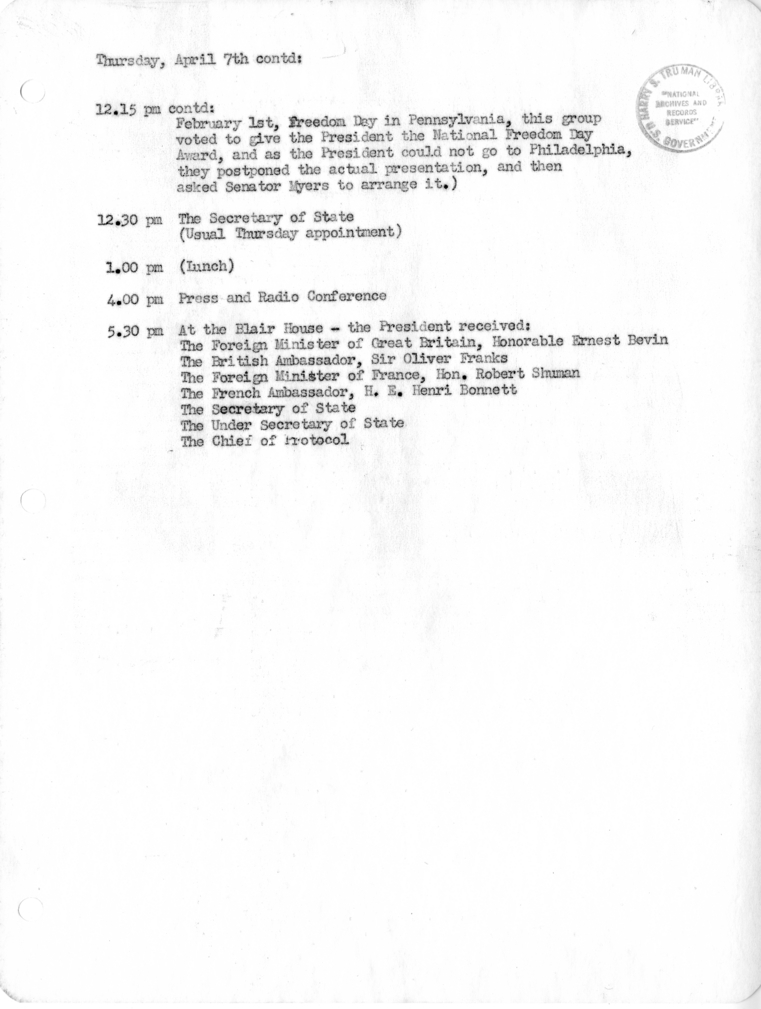 Daily Appointment Sheet for President Harry S. Truman