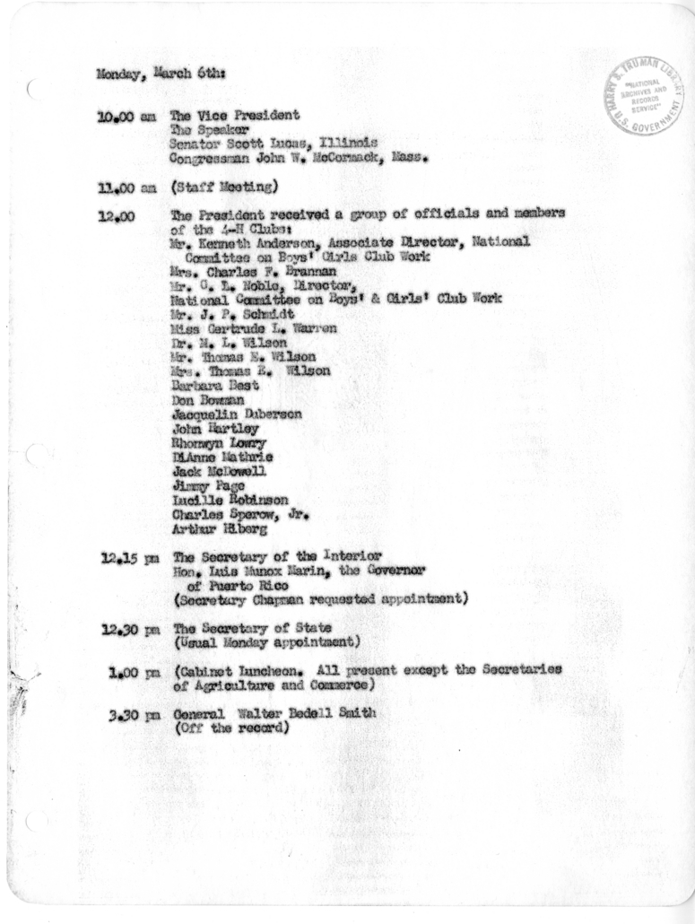 Daily Appointment Sheet for President Harry S. Truman