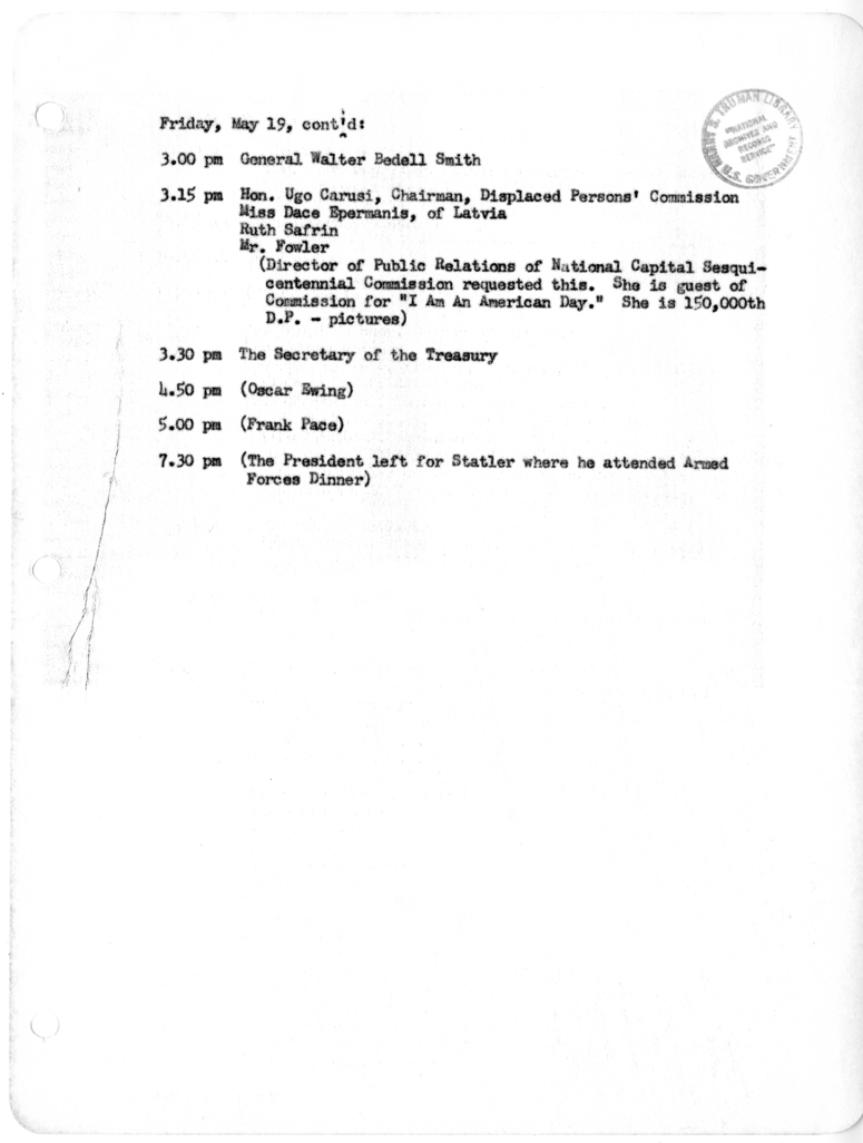 Daily Appointment Sheet for President Harry S. Truman