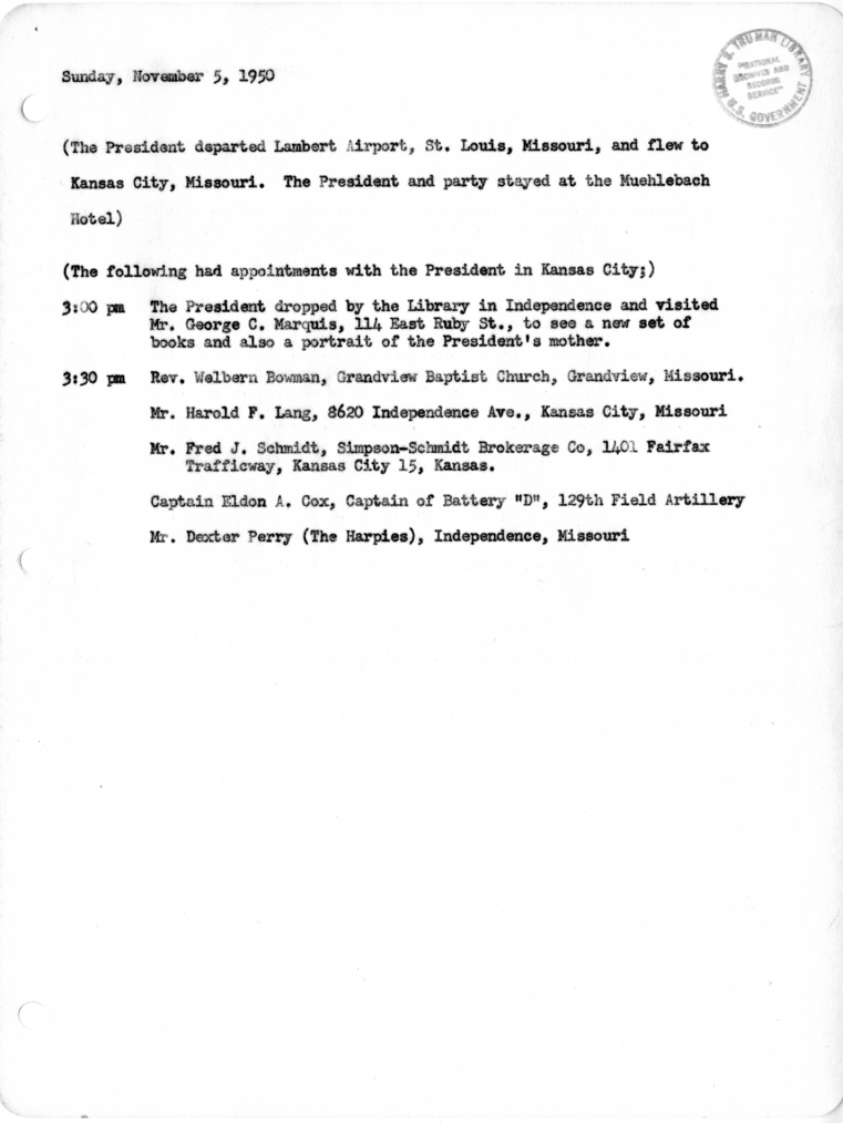 Daily Appointment Sheet for President Harry S. Truman