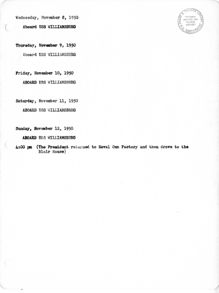 Daily Appointment Sheet for President Harry S. Truman