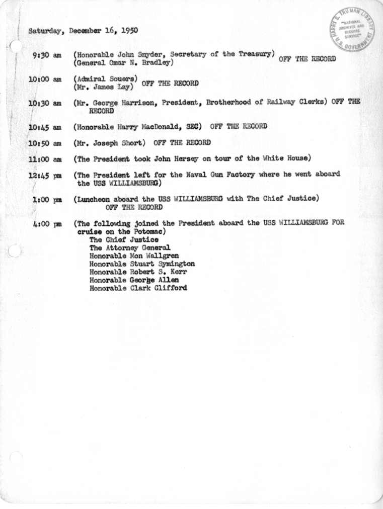 Daily Appointment Sheet for President Harry S. Truman