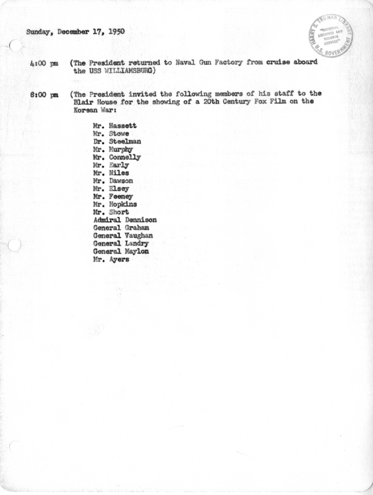 Daily Appointment Sheet for President Harry S. Truman