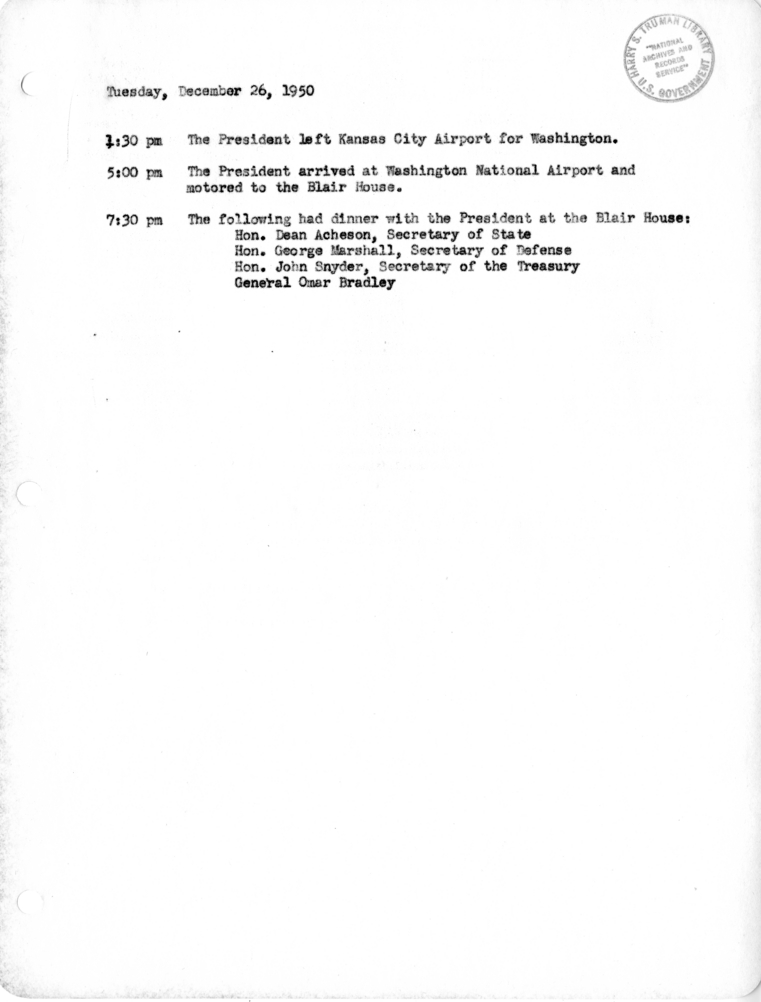 Daily Appointment Sheet for President Harry S. Truman