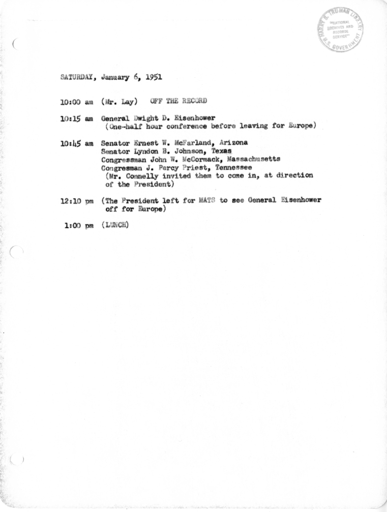 Daily Appointment Sheet for President Harry S. Truman