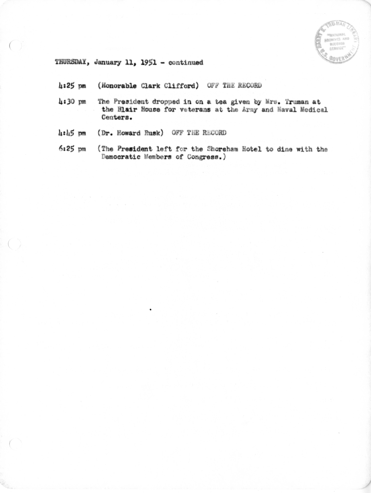 Daily Appointment Sheet for President Harry S. Truman