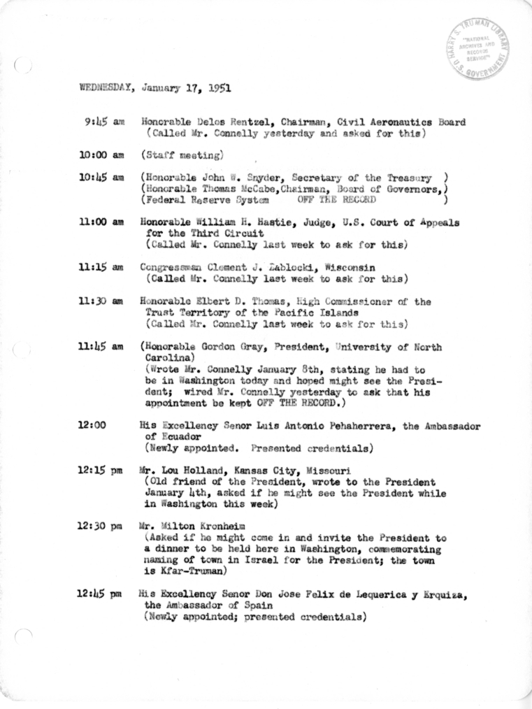 Daily Appointment Sheet for President Harry S. Truman