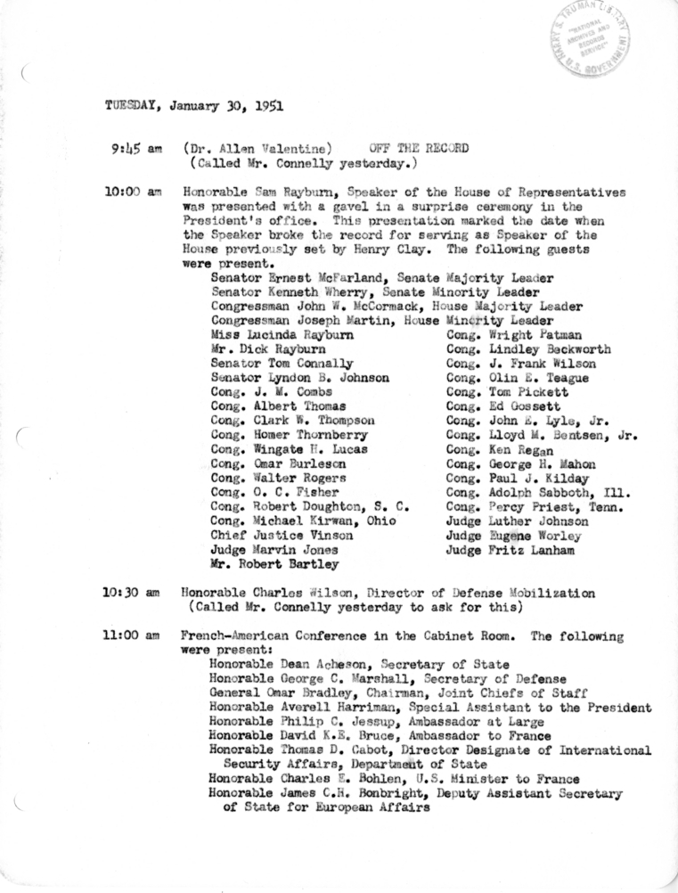 Daily Appointment Sheet for President Harry S. Truman