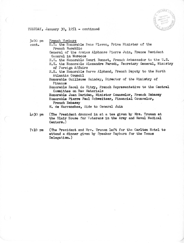 Daily Appointment Sheet for President Harry S. Truman