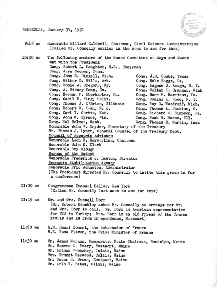 Daily Appointment Sheet for President Harry S. Truman