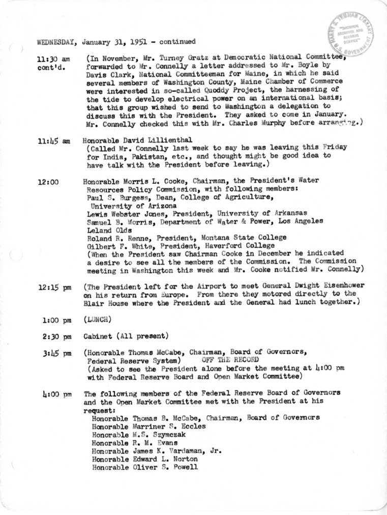 Daily Appointment Sheet for President Harry S. Truman