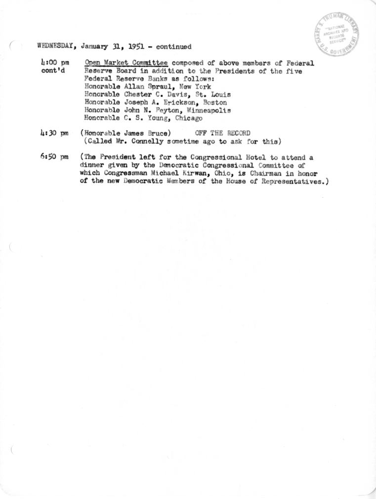 Daily Appointment Sheet for President Harry S. Truman