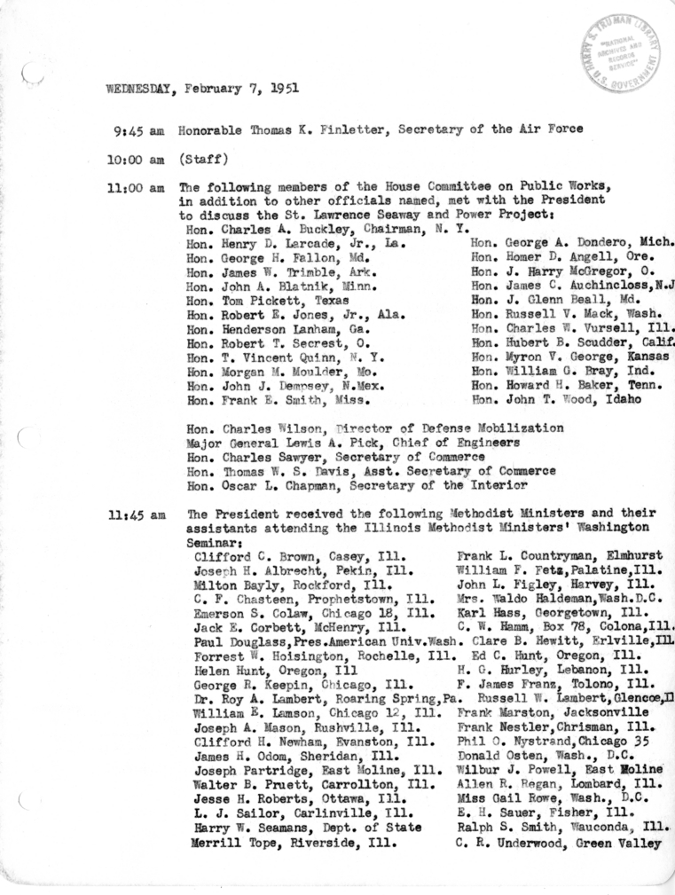 Daily Appointment Sheet for President Harry S. Truman