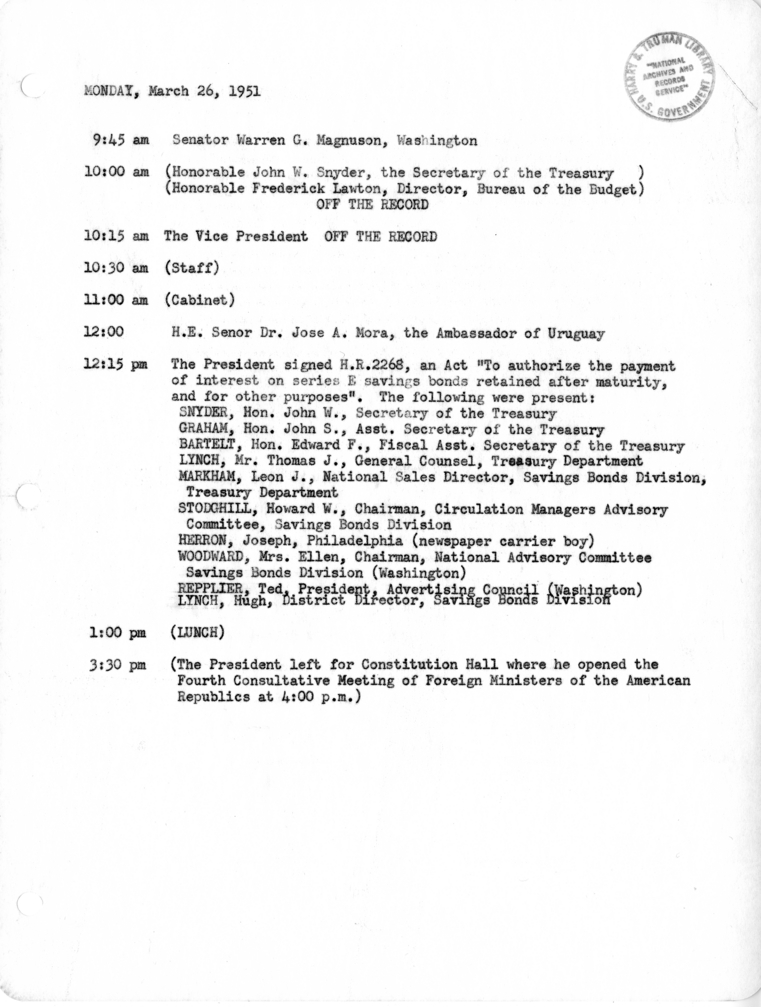 Daily Appointment Sheet for President Harry S. Truman