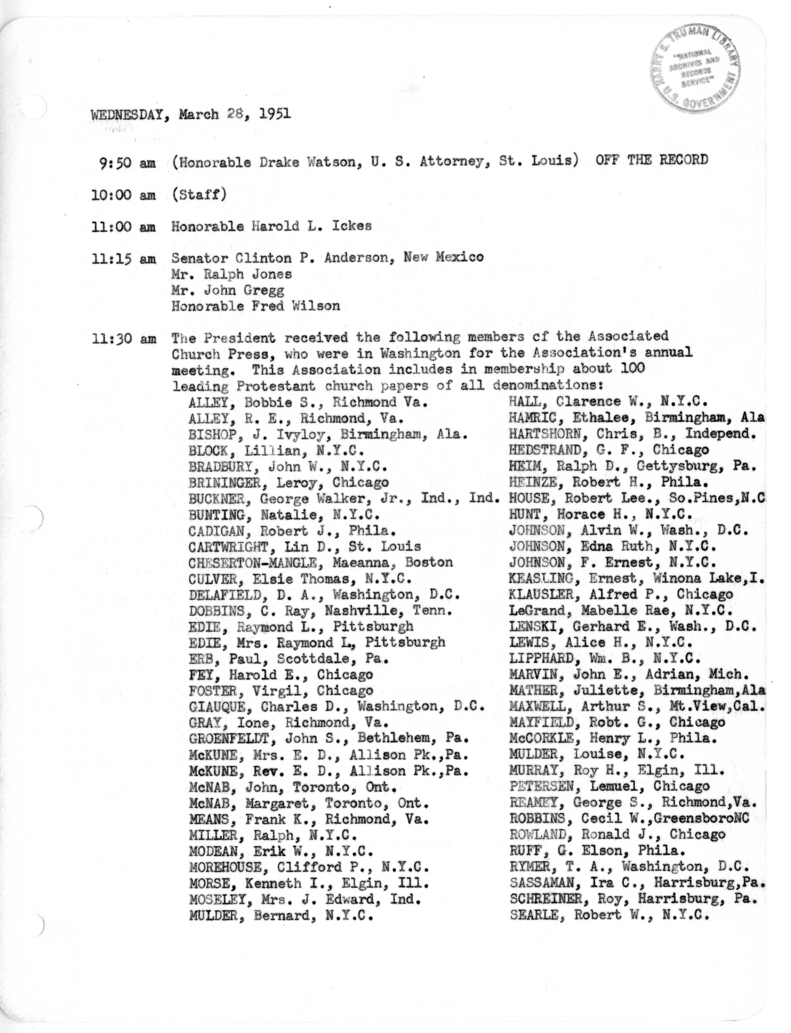 Daily Appointment Sheet for President Harry S. Truman