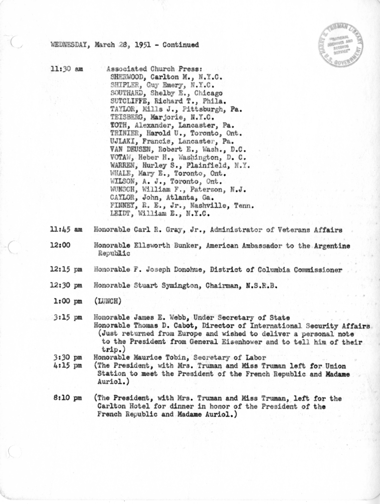 Daily Appointment Sheet for President Harry S. Truman