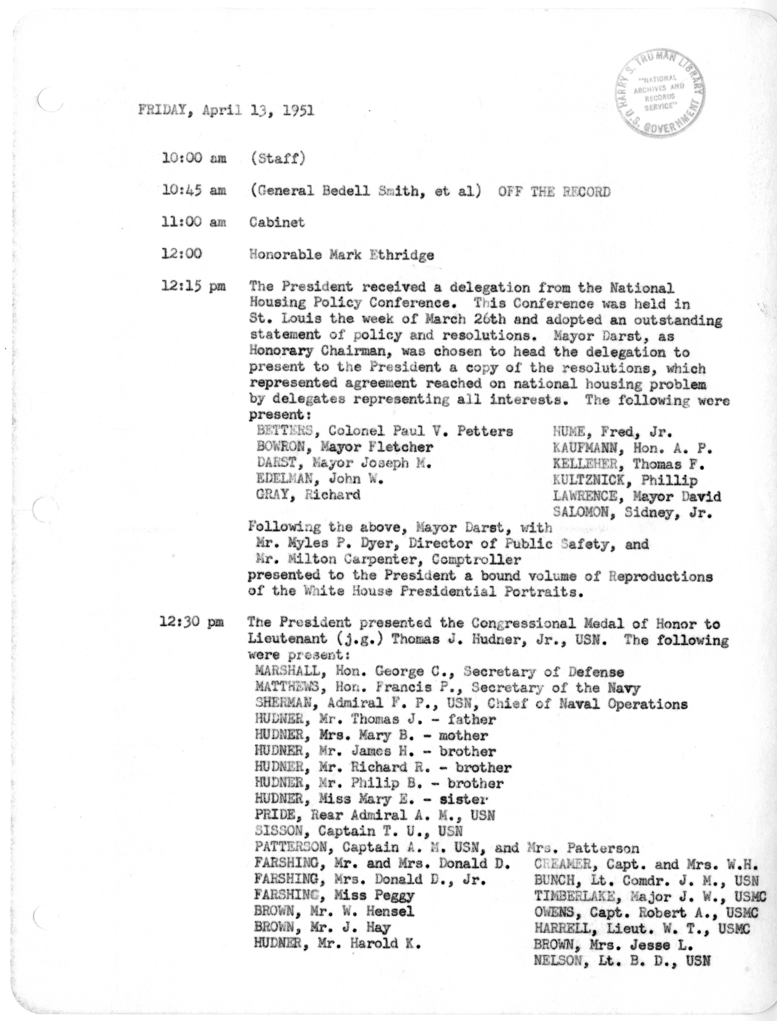 Daily Appointment Sheet for President Harry S. Truman