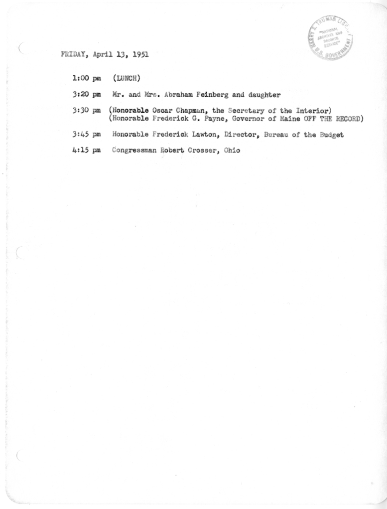 Daily Appointment Sheet for President Harry S. Truman