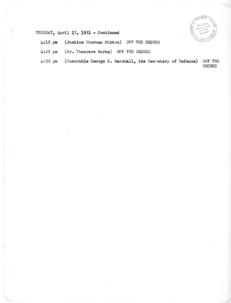 Daily Appointment Sheet for President Harry S. Truman