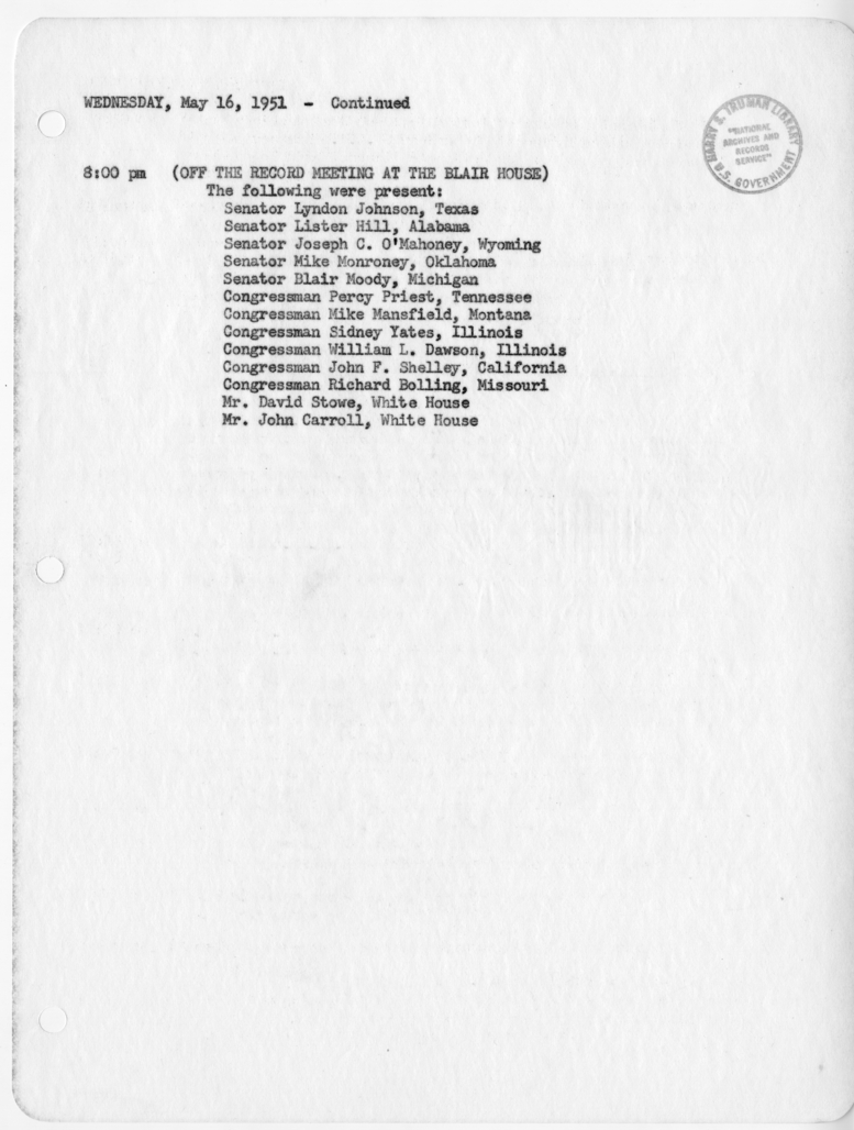 Daily Appointment Sheet for President Harry S. Truman