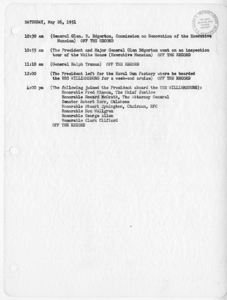 Daily Appointment Sheet for President Harry S. Truman