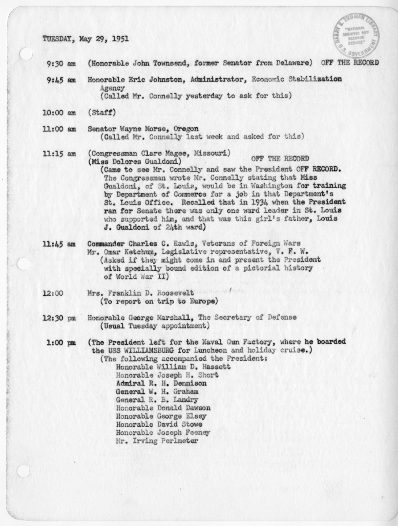 Daily Appointment Sheet for President Harry S. Truman